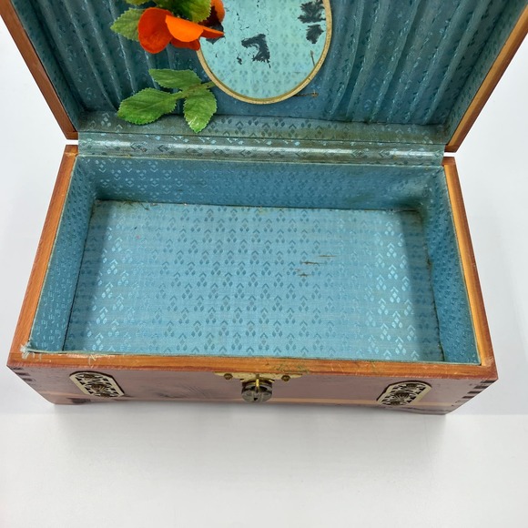 Vintage Wooden Latch Jewelry Storage Box Gold Tone Metal Blue Lining Mirror MCM - Picture 2 of 13